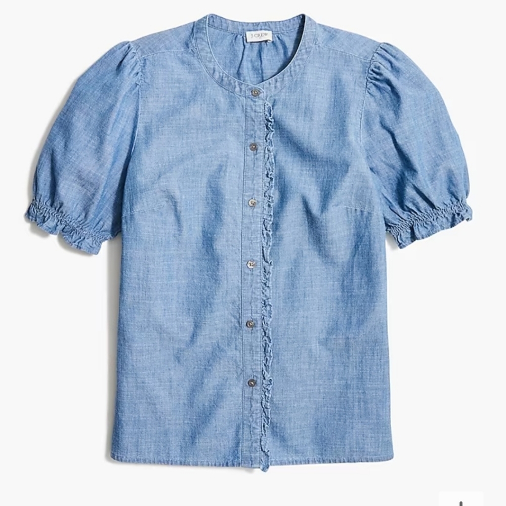 Chambray puff-sleeve ruffle top